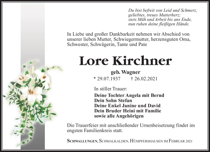  Traueranzeige für Lore Kirchner vom 06.03.2021 aus Südthüringer Presse