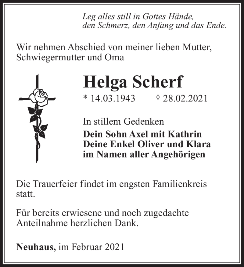  Traueranzeige für Helga Scherf vom 06.03.2021 aus Südthüringer Presse