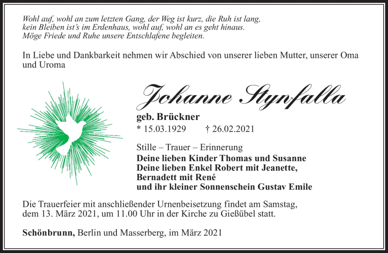  Traueranzeige für Johanne Stynfalla vom 06.03.2021 aus Südthüringer Presse