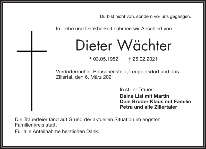  Traueranzeige für Dieter Wächter vom 06.03.2021 aus Frankenpost