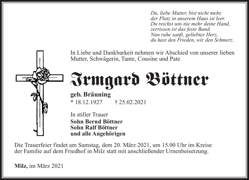  Traueranzeige für Irmgard Böttner vom 13.03.2021 aus Südthüringer Presse