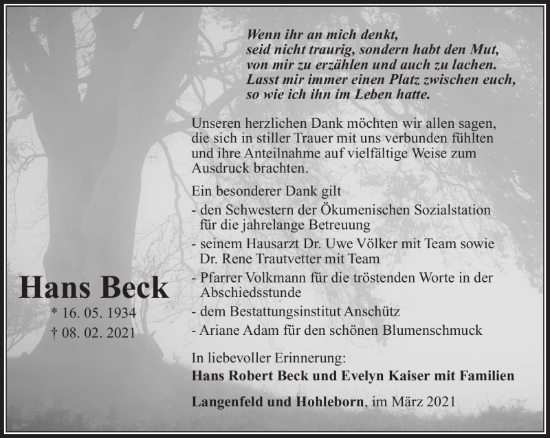  Traueranzeige für Hans Beck vom 20.03.2021 aus Südthüringer Presse