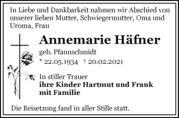 Traueranzeige von Annemarie Häfner von Südthüringer Presse