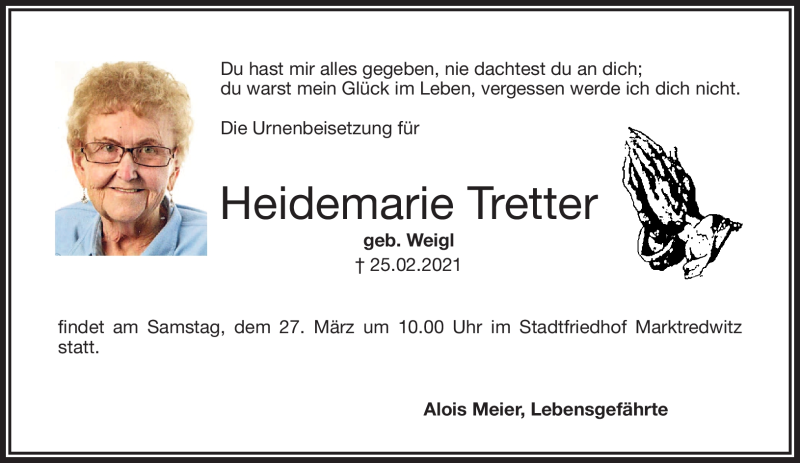  Traueranzeige für Heidemarie Tretter vom 24.03.2021 aus Frankenpost