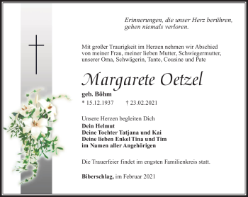 Traueranzeige von Margarete Oetzel von Südthüringer Presse