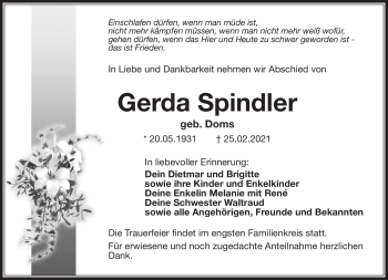 Traueranzeige von Gerda Spindler von Südthüringer Presse