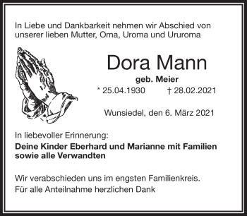 Traueranzeige von Dora Mann von Frankenpost