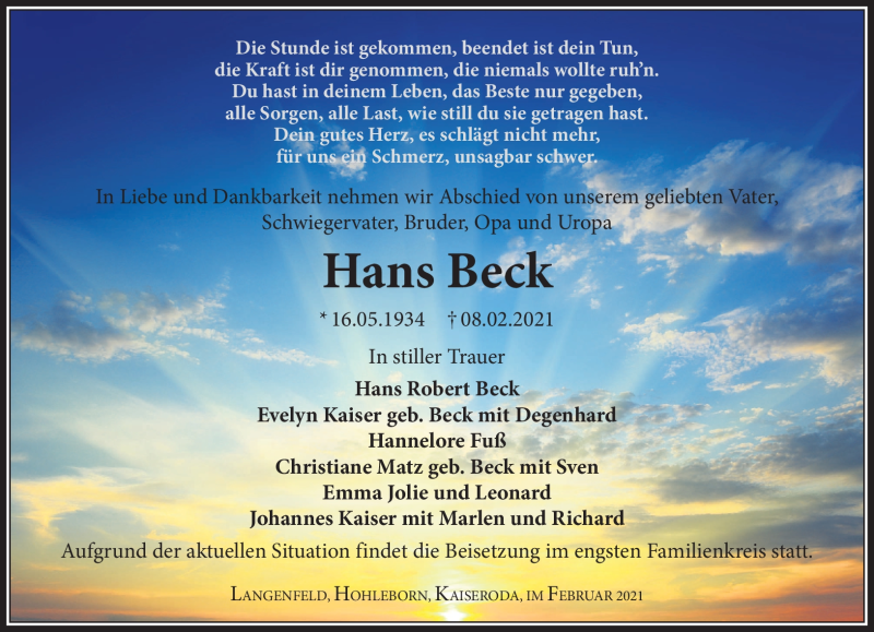  Traueranzeige für Hans Beck vom 06.03.2021 aus Südthüringer Presse