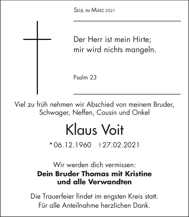  Traueranzeige für Klaus Voit vom 03.03.2021 aus Frankenpost