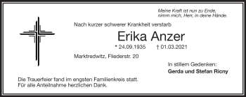 Traueranzeige von Erika Anzer von Frankenpost