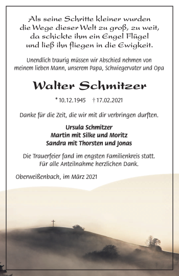 Traueranzeige von Walter Schmitzer von Frankenpost