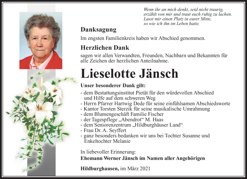  Traueranzeige für Lieselotte Jänsch vom 06.03.2021 aus Südthüringer Presse