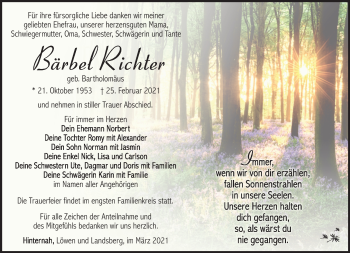 Traueranzeige von Bärbel Richter von Südthüringer Presse