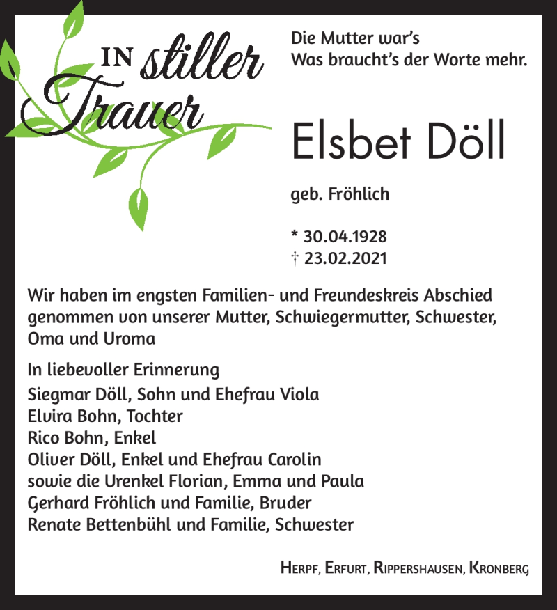  Traueranzeige für Elsbet Döll vom 09.03.2021 aus Südthüringer Presse