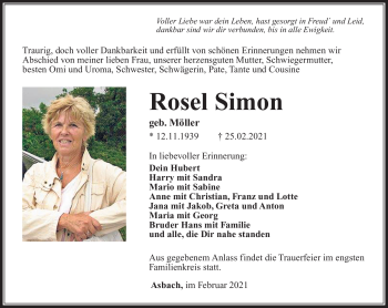 Traueranzeige von Rosel Simon von Südthüringer Presse