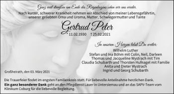 Traueranzeige von Gertrud Peter von Neue Presse Coburg