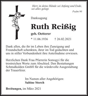 Traueranzeige von Ruth Reißig von Südthüringer Presse