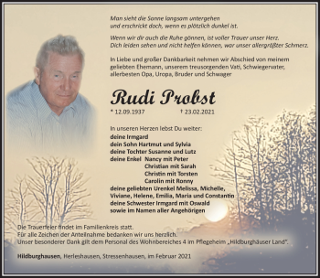 Traueranzeige von Rudi Probst von Südthüringer Presse