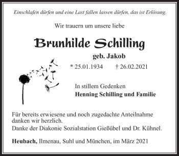 Traueranzeige von Brunhilde Schilling von Südthüringer Presse