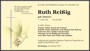 Traueranzeige von Ruth Reißig von Südthüringer Presse