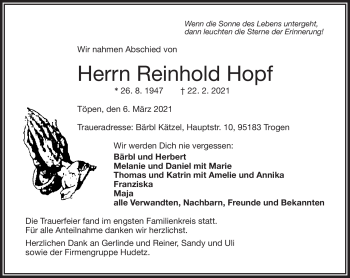 Traueranzeige von Reinhold Hopf von Frankenpost