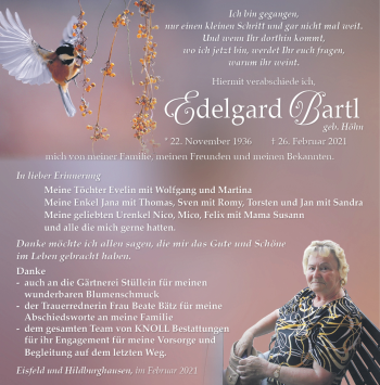 Traueranzeige von Edelgard Bartl von Südthüringer Presse