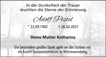 Traueranzeige von Adolf Pistel von Neue Presse Coburg