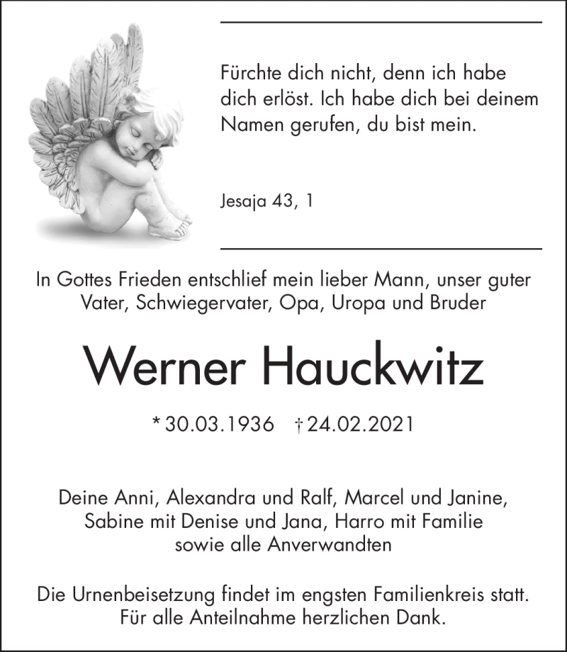  Traueranzeige für Werner Hauckwitz vom 06.03.2021 aus Frankenpost