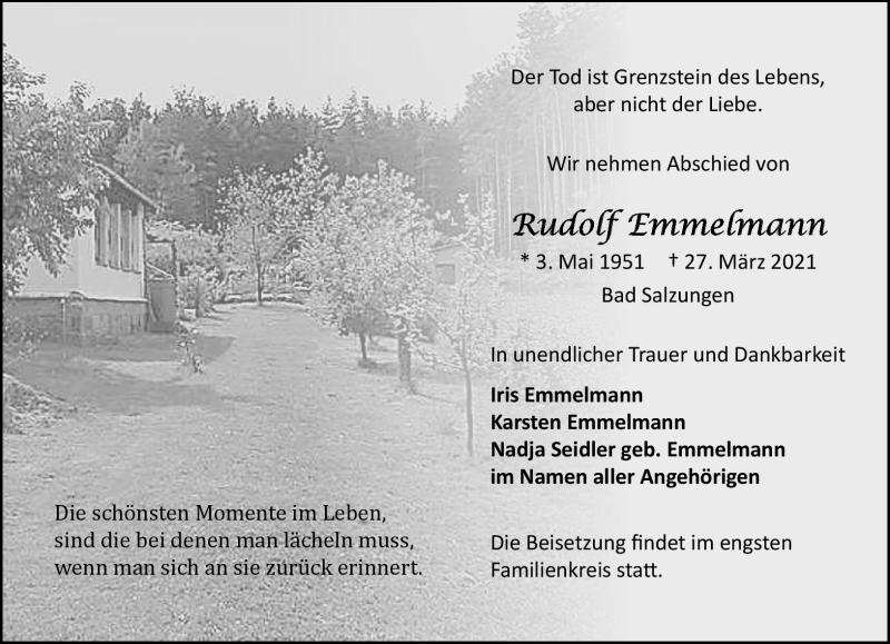 Traueranzeige für Rudolf Emmelmann vom 03.04.2021 aus Südthüringer Presse