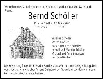 Traueranzeige von Bernd Schöller von Südthüringer Presse