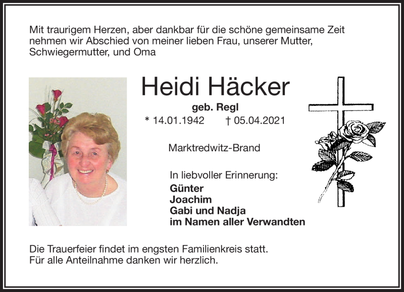  Traueranzeige für Heidi Häcker vom 09.04.2021 aus Frankenpost
