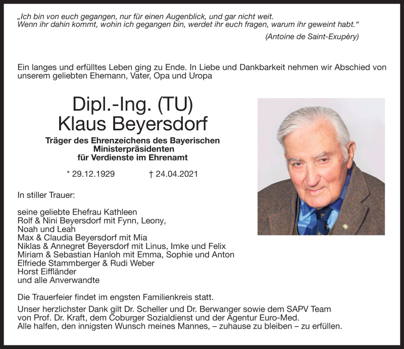  Traueranzeige für Klaus Beyersdorf vom 30.04.2021 aus Neue Presse Coburg