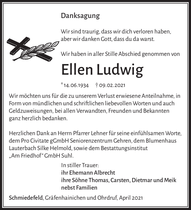  Traueranzeige für Ellen Ludwig vom 03.04.2021 aus Südthüringer Presse