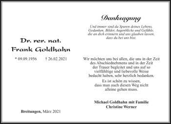 Traueranzeige von Frank Goldhahn von Südthüringer Presse