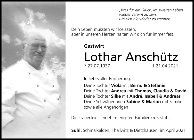  Traueranzeige für Lothar Anschütz vom 29.04.2021 aus Südthüringer Presse