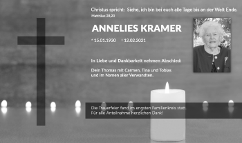 Traueranzeige von Annelies Kramer von Frankenpost