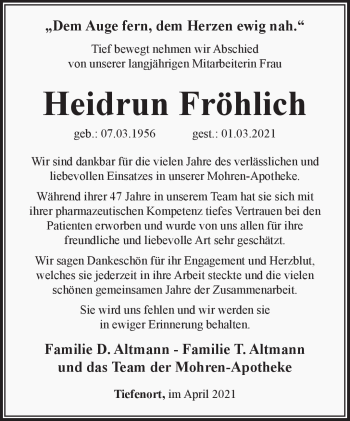 Traueranzeige von Heidrun Fröhlich von Südthüringer Presse