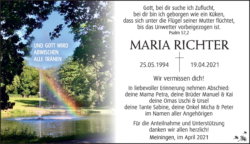  Traueranzeige für Maria Richter vom 30.04.2021 aus Südthüringer Presse