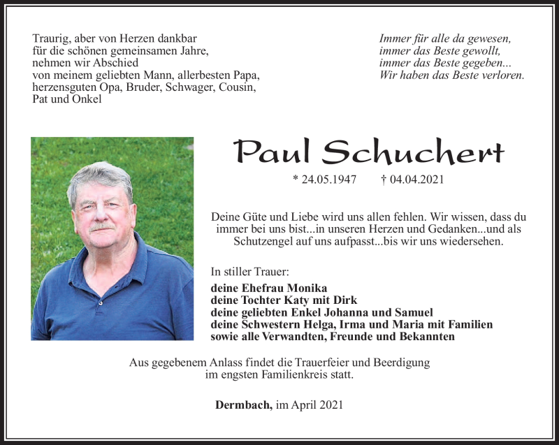  Traueranzeige für Paul Schuchert vom 06.04.2021 aus Südthüringer Presse