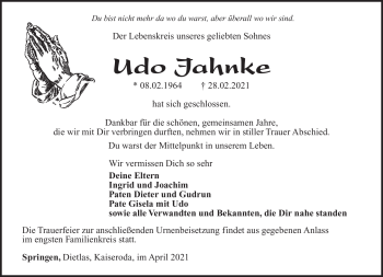 Traueranzeige von Udo Jahnke von Südthüringer Presse