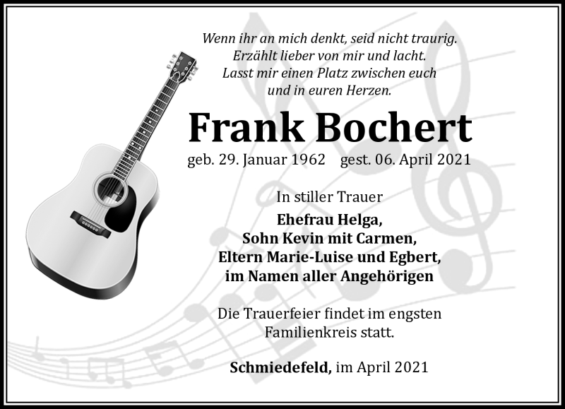  Traueranzeige für Frank Bochert vom 17.04.2021 aus Südthüringer Presse