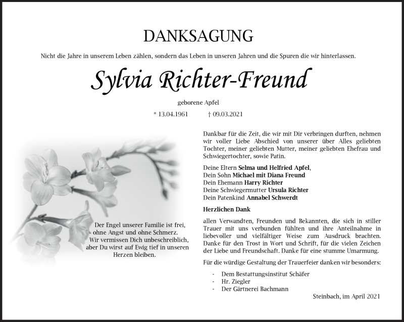 Traueranzeige für Sylvia Richter-Freund vom 10.04.2021 aus Südthüringer Presse