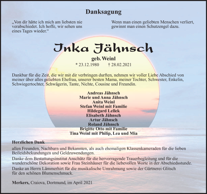  Traueranzeige für Inka Jähnsch vom 24.04.2021 aus Südthüringer Presse