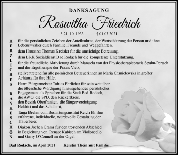 Traueranzeige von Roswitha Friedrich von Südthüringer Presse