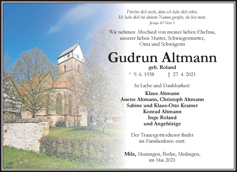  Traueranzeige für Gudrun Altmann vom 08.05.2021 aus Südthüringer Presse