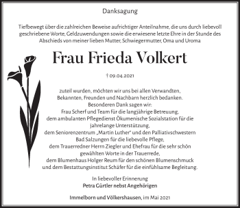 Traueranzeige von Frieda Volkert von Südthüringer Presse
