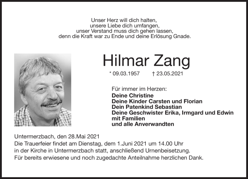  Traueranzeige für Hilmar Zang vom 28.05.2021 aus Neue Presse Coburg