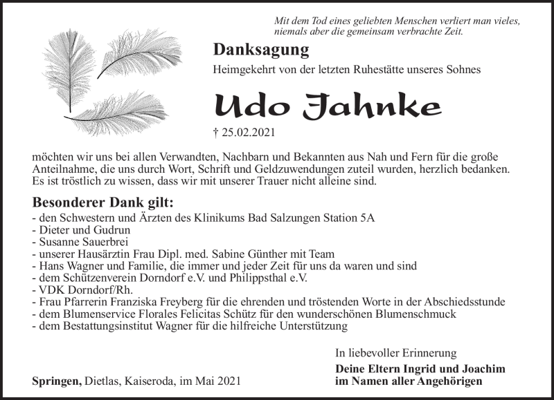  Traueranzeige für Udo Jahnke vom 12.05.2021 aus Südthüringer Presse