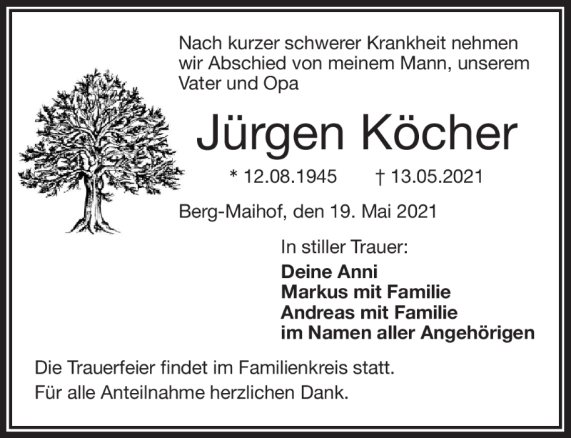  Traueranzeige für Jürgen Köcher vom 19.05.2021 aus Frankenpost