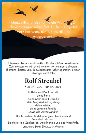 Traueranzeige von Rolf Streubel von Südthüringer Presse